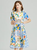 Porcelain Printed Stitching Round Neck Dress