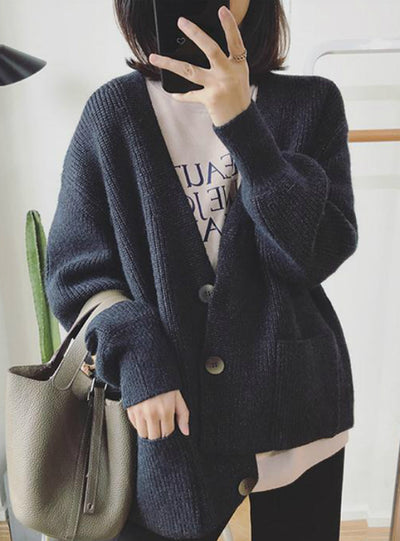 Women Cardigans Sweater V neck Solid Loose Knitwear
