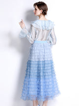 Ruffled Long Sleeve Blouse+Mesh Layer Skirt Suit