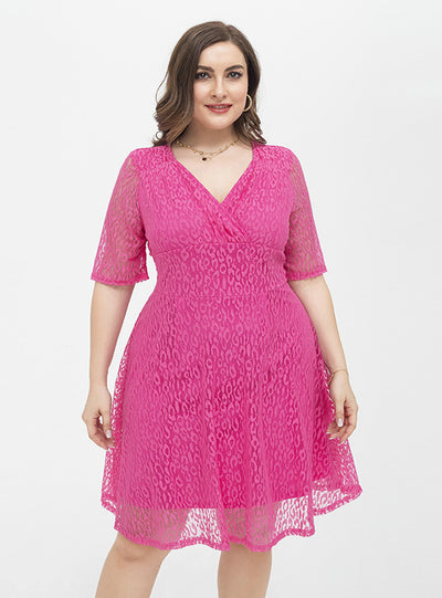 Fuchsia Lace V-neck Short SLeeve Party Dress