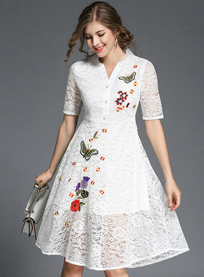 Lace A-Line Dress Floral Knee Length Dress