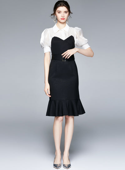 Black-and-white Slim Ruffled Dress