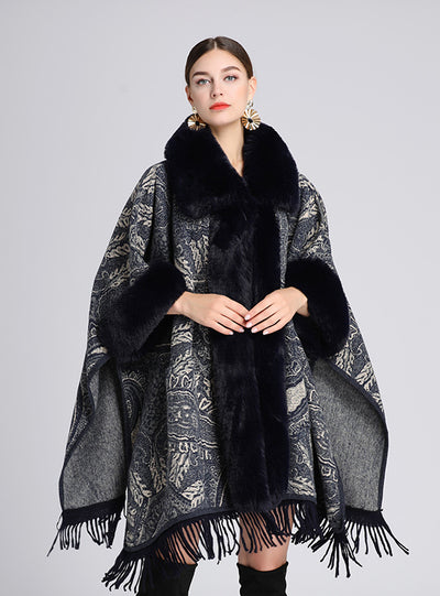 Collar Shawl Cape Jacquard Loose Tassel Woolen Coat