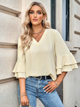 Loose Solid Color V-neck Lotus Leaf Sleeve Top