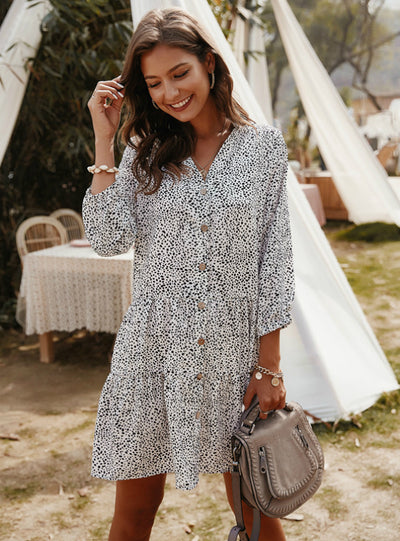 Print Above Knee Mini V-neck Three Quarter Sleeve Dress