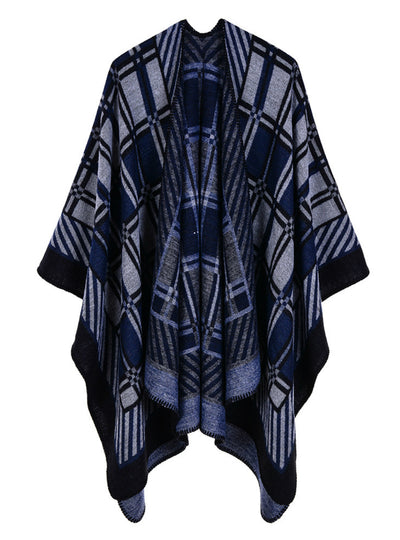 Diagonal Small Plaid Cashmere Like Retro Split Shawl