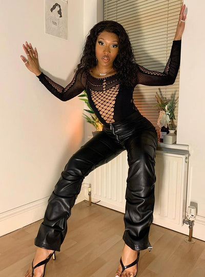 Imitation Leather Trousers High Waist-pack Feet Pants