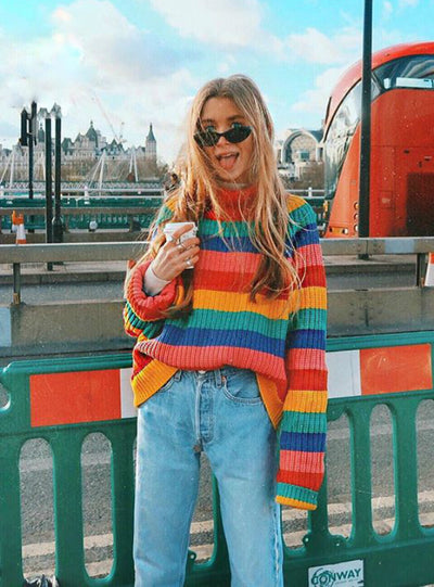 Simenual Rainbow Turtleneck Sweaters Women