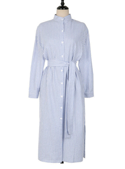 Casual Striped Shirt Dress Cotton and Linen Lace Up Single