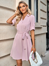 Solid Color Lapel Short Sleeve Belt Dress