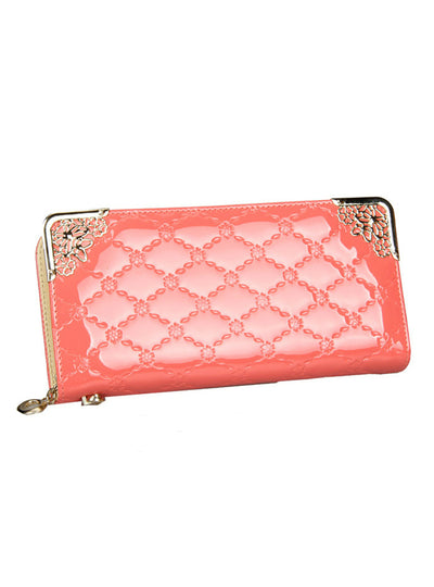 Brand Women Long Patent Leather Plaid Wallet