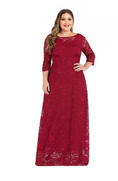Large Size 3/4 Sleeve Long Lace Dress