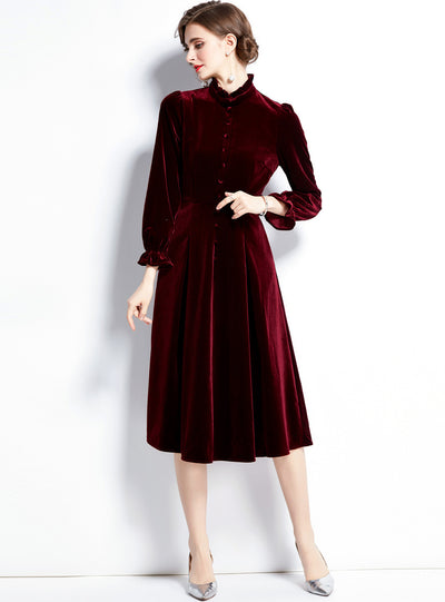 Autumn Winter Long Sleeve Button Velvet Dress