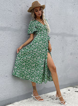 Lotus Leaf V-neck Small Floral Dress