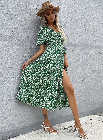 Lotus Leaf V-neck Small Floral Dress