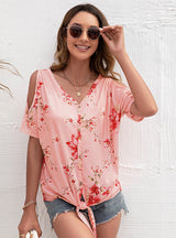 V-neck Casual Leaky Knotted Printed T-shirt