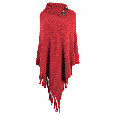 Fringe Button Half Collar Pullover Cape Shawl