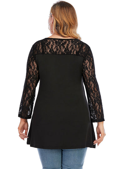 Knitted Lace Long Sleeve V-neck Casual T-shirt