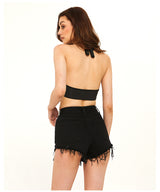 Black High Waist Drill Chain Denim Shorts