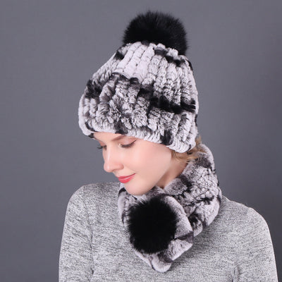 Rex Rabbit Fur Hat Scarf Winter Two-piece Set