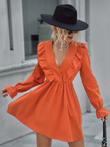 Long Sleeve V-neck Solid Color Dress