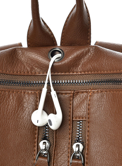 PU Leather Women Backpack Double Zipper School Backpack
