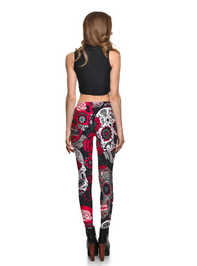 Skull&flower Black Leggings Digital Print Pants