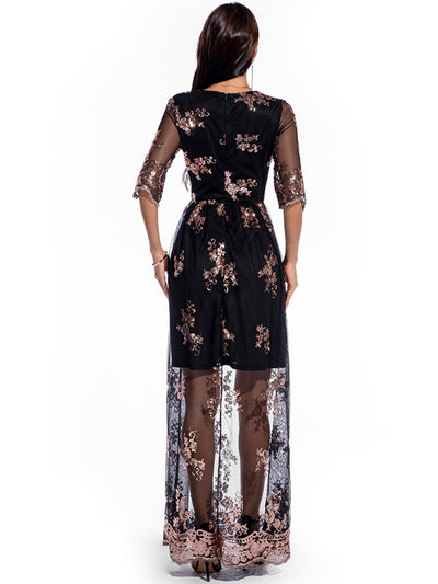 Retro V-neck Sequined Long Dress