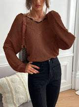 Spliced Lace Pullover V-neck Sweater