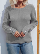 Solid Color Round Neck Button Pullover Sweater