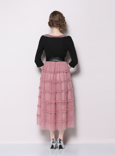 Pink 3/4 Sleeve Mesh Long Dress With Sash