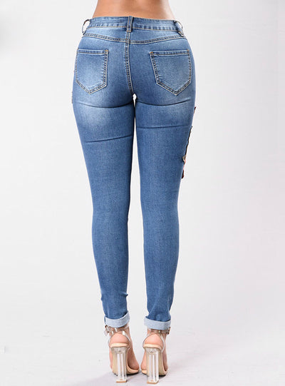 Pencil Embroidery Jeans Ripped For Woman 