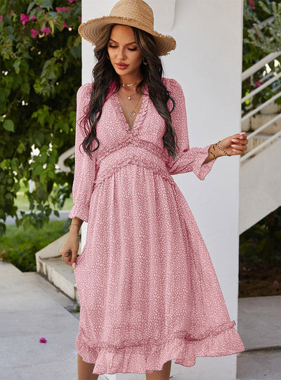 V-neck Simple Printed Chiffon Dress