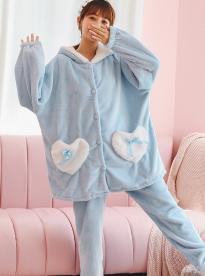Women Winter Blue Long Sleeve White Pocket Sleepwear