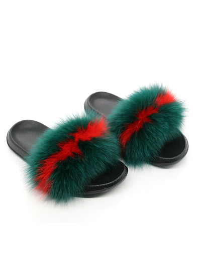 Women Fox Fur Slippers Real Fur Slides Female