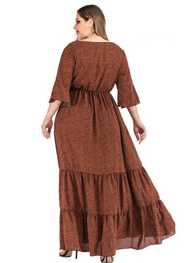 Leopard Print V-neck Trumpet Sleeve Big Swing Dress