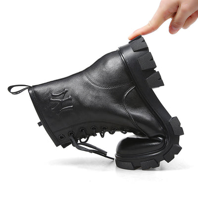 Cowhide Round Head Flat-bottomed Wool Boot