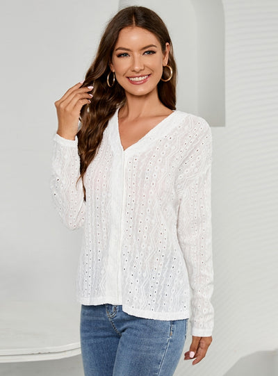 Women's Long-sleeved V-neck Hollow Casual Shirt