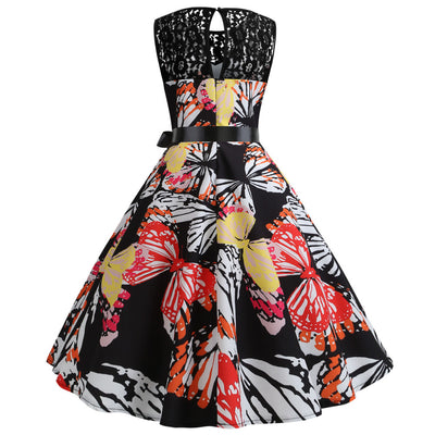 Retro Printed Sleeveless Lace Stitching Dress