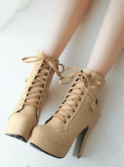 Ankle Boots High Heels Lace Up Leather