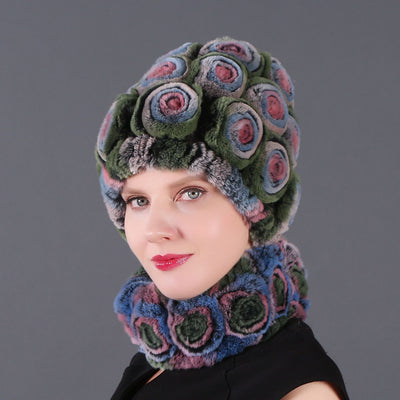Women Rex Hair Rose Hat Scarf Set