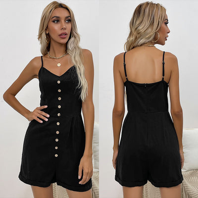 Slim Button Sling Jumpsuit Wide Leg Shorts