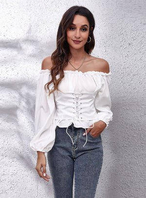 Rubber Band Pleated Lantern Sleeve Blouse