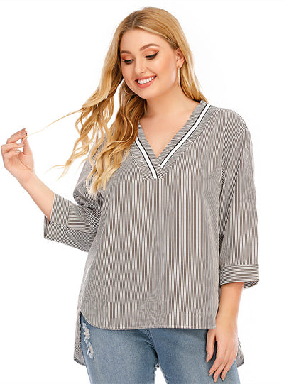 V-neck Cropped Sleeve Dovetail Stripe Splicing T-shirt