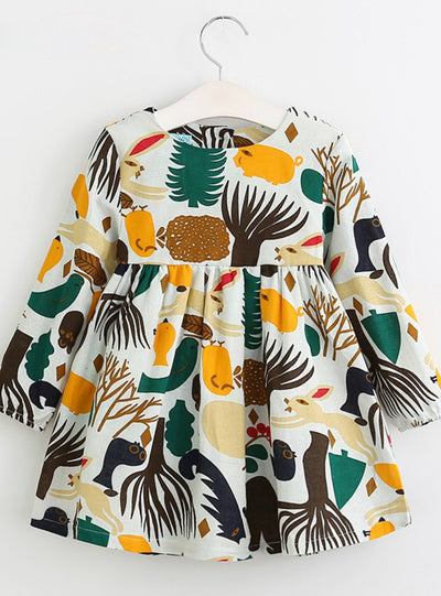 Long Sleeve Cartoon Forest Animals Graffiti Dresses