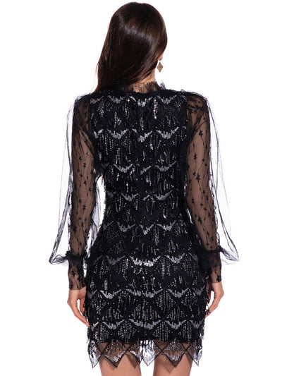 Sexy Mesh Long Sleeve Sequined Dress