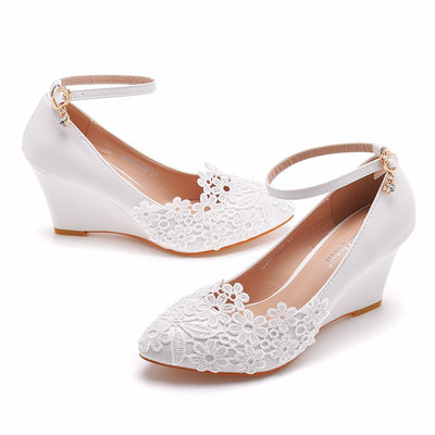 Lace Wedges Slim High Heels Wedding Shoes