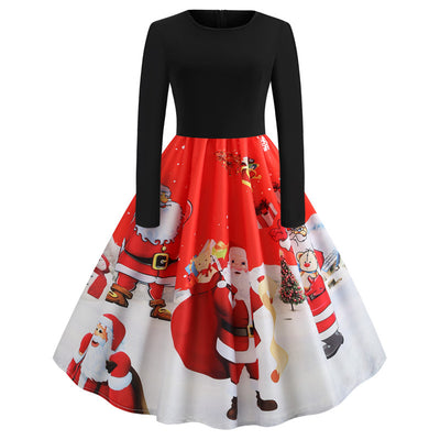 Vintge Christmas Printed Long Sleeve Dress