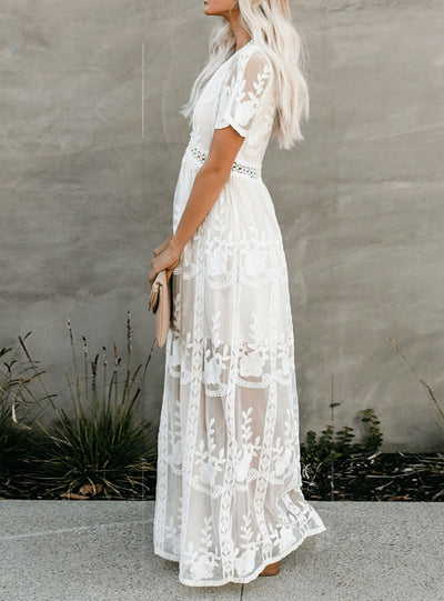 Sexy White Lave Lace See-Through Trumpet Sleeve Maxi Dress
