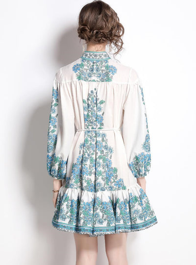 Printed Long Sleeve Waist Slim Dress